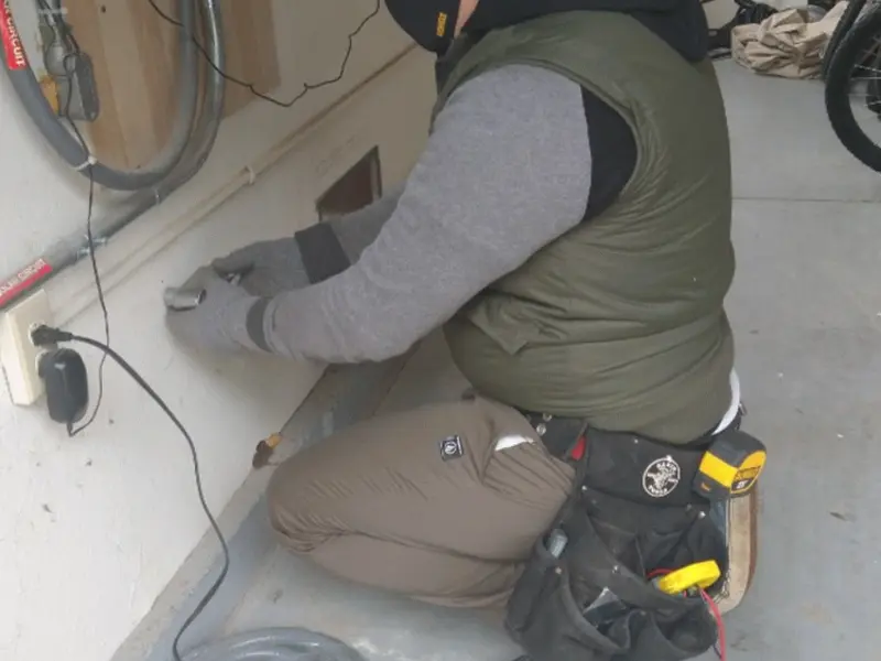 Electrician performing outlet wiring in a Weehawken garage